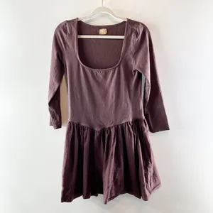 Free People Onda 3/4 Sleeve Square Neck Drop Waist Mini Dress Brown Large thumbnail 2