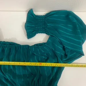 Dark Green Women's L Satin Stripe Crop Top Long Smocked Sleeve Sweetheart Blouse thumbnail 3