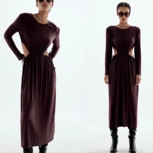 Zara Plum Pleated Cutout Waist Maxi Dress Size Small thumbnail 2