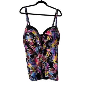 Fullfitall Women Tropical Palm Print Tankini Top Black Multicolor‎ Size 24 NWT thumbnail 4