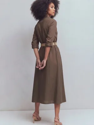 NWOT Love Tree Linen Blend Utility Shirt Dress Brown Midi Sz Medium Missing Belt thumbnail 4