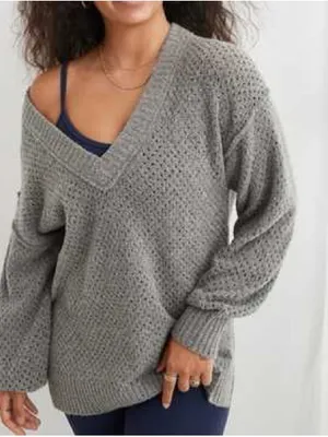 Aerie Open Weave Oversized V-Neck Sweater Gray Size Medium thumbnail 1