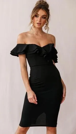 Selfie Leslie Ruffle Off The Shoulder Solid Sheath Dress Black Elegant Size S thumbnail 1