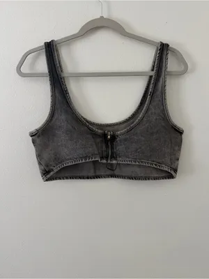 Zara TRF Denim Western Festival Cropped Gray Acid Wash Tank Top size medium thumbnail 3