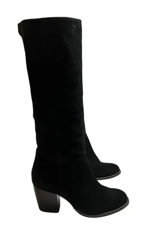 Crevo Atty Knee High Tall Boot Black Suede Stacked Heel Size 7.5 Minimalist Boho thumbnail 1