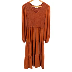 Bohme Rust Midi Dress Medium Long Balloon Sleeve Smocked Bodice Layered Tiered thumbnail 2