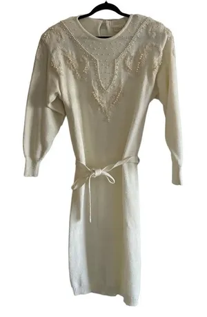 Belldini Women's Acrylic Beaded Sweater Dress - White Small thumbnail 1