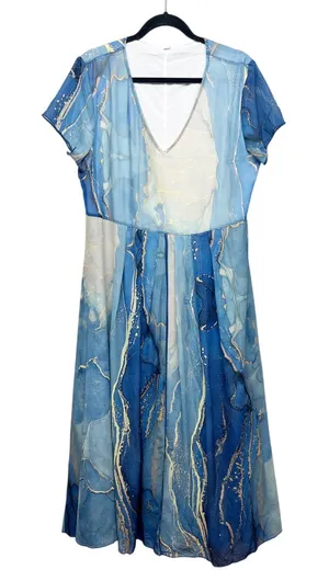 Women's Water Print Mesh Dress XL Wedding Guest Summer Party Cocktail Nautical thumbnail 1