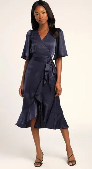 Lulus Wrapped Up In Love Navy Blue Satin Faux-Wrap Midi Dress thumbnail 1