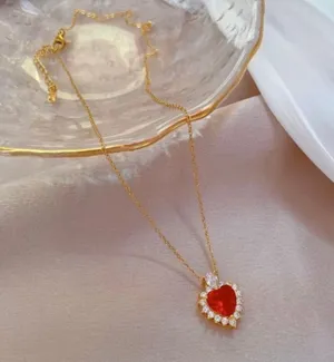 18K Gold Plated Birthstone Crystal Love Heart Ruby Pendant Necklace for Women thumbnail 3