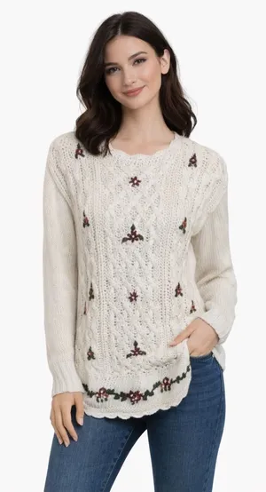 Vintage 90s Cottagecore Floral Embroidered Sweater Cream Knit Cozy Boho thumbnail 1