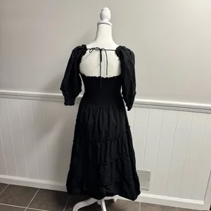 Hill House Nesli Nap Dress Short Puff Sleeve Swiss Dot Tiered Midi Black Small S thumbnail 13