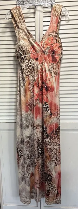 Fresh Of LA Floral/Paisley/Cheetah Maxi Dress Size L Pleated, V Neck Wide Straps thumbnail 1