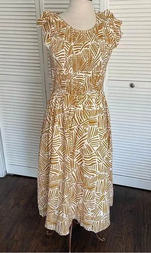 THML midi dress brown white line print ruffle sleeve smocked medium thumbnail 1