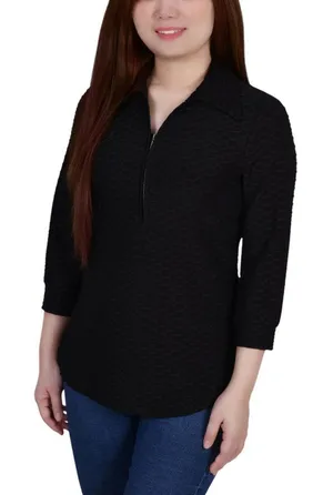 NWT Ny Collection Womens Petite 3/4 Sleeve Honeycomb Half Zip Shirt Top Black PM thumbnail 1