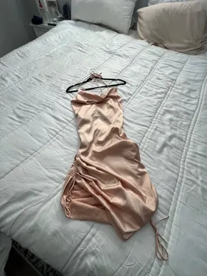 Leau Cabo gold satin adjustable strappy rouched mini dress M NWT thumbnail 14
