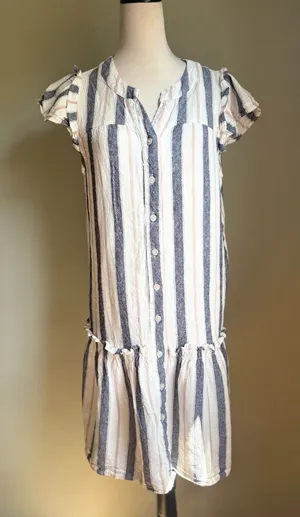Cynthia Rowley Blue cream Striped Mini Dress linen‎ coastal boho cottagecore med thumbnail 1
