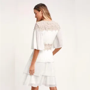 Lulus Westwind White Lace Pleated Tiered Chiffon Dress Crocheted Floral Top Sz L thumbnail 2