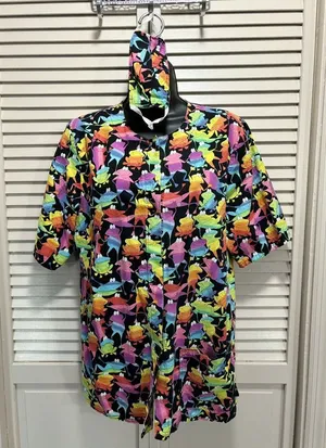 Cotonality Multi Colored Frogs Short Sleeve Snap‎ Up Round Pockets Size Small thumbnail 1