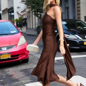 Windsor Brown Satin Mini Dress with Scarf thumbnail 2