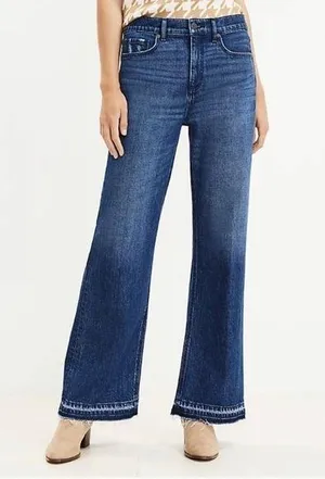 NWT LOFT Frayed High Rise Wide Leg Jeans Dark Indigo Wash Sz 34 thumbnail 1