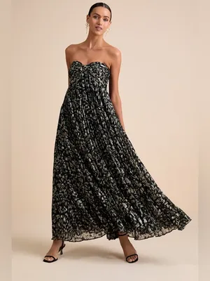 LULU’S Lynwen Black Abstract Pleated Strapless Maxi Dress thumbnail 2