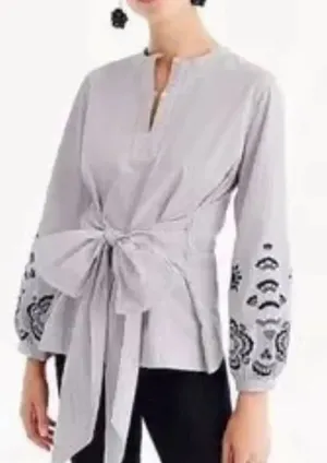 J.Crew striped embroidered tie front blouse size M thumbnail 1