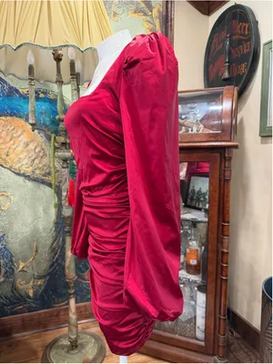 Oh Polly Mini Dress Red Satin Ruched Square Neck Puff Sleeve Cocktail Size 8 M thumbnail 4