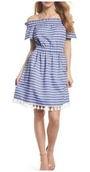 Eliza J Women Blue White Stripe Off The Shoulder Tassel Dress 6‎ thumbnail 1