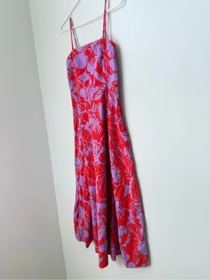 Gap Linen-Blend Midi Dress in Purple Lilac and Red Coral Floral Size Small Tall thumbnail 3
