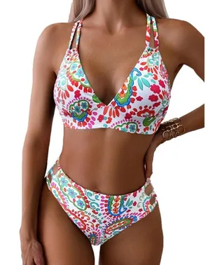 Boutique Colorful Floral Push Up V Neck Bikini Crisscross Back Two-Piece Swimsuit LARGE thumbnail 1