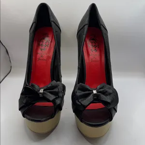 NWOT Jacobies Linda Black Peep Toe Platform Heels Wood Heel Bow Pumps Size 9 thumbnail 3