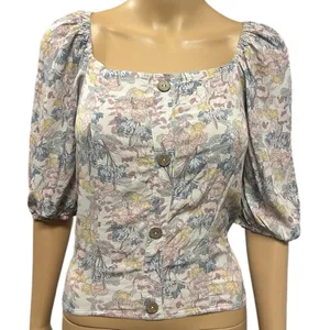 Bohme Floral Faux Button Front Smocked Back Balloon Half Sleeve Top Small thumbnail 1