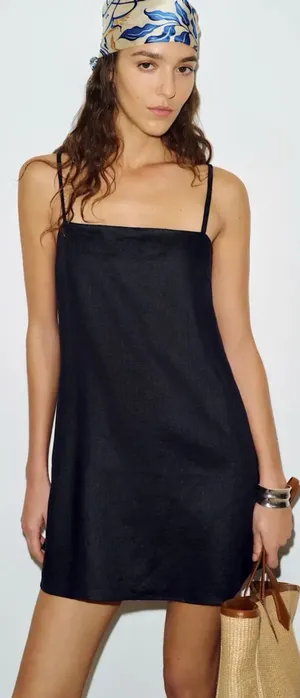 Reformation • Aubree Linen Dress black mini a-line shift tie spaghetti straps thumbnail 1