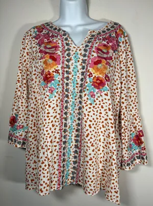 Savanna Jane Tunic Blouse Orange White Embroidered Floral Animal Print Large thumbnail 1