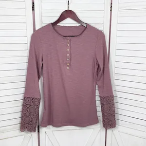 Ribbed Knit Lace Cuff Long Sleeve Henley Shirt‎ Mauve Dusty Rose Size Large thumbnail 8