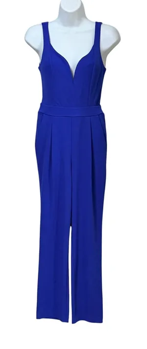 Express Royal Blue Deep V-Neck Sleeveless Straight Leg Jumpsuit Square Back thumbnail 1