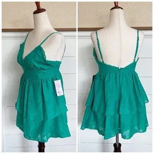 Wild Fable Emerald Green Floral Jacquard Tiered Mini Dress XS NWT Low Back‎ thumbnail 5