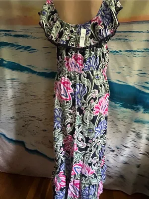 LOFT Floral Ruffle Maxi Dress in Pink, Blue & Green MD NWT thumbnail 2