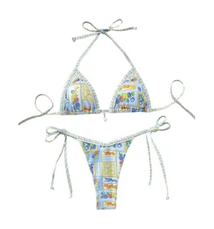 WDIRARA Women's 2 Piece Boho Triangle Bikini Set XXS Blue thumbnail 1