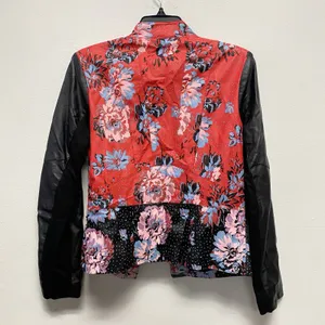 GILI Jacket Women‎ Sz 8 Red Black Floral Faux Leather Lined Full Zip Moto Rider thumbnail 7