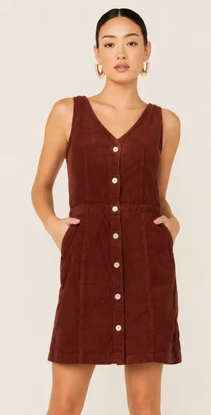 ✨🤎 Levi’s Corduroy Button Front Mini‎ Dress Brown Sleeveless Size Small 🤎✨ thumbnail 1