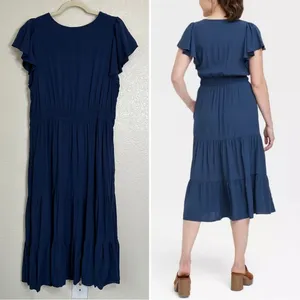 Knox Rose Navy Blue Flutter Short Sleeves Tiered Midi Dress, Size XL thumbnail 6