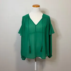 Line & Dot Green Blouse V-Neck Ruffle Sleeve Tassel‎ Tie Sheer XS thumbnail 2