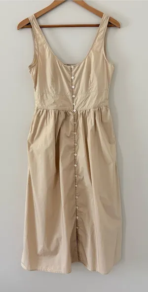 J Crew Button-front 100% cotton poplin midi dress smocked back sleeveless tan 4 thumbnail 1