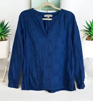 LOFT Blue Eyelet SMALL Embroidered Long Sleeve Blouse Top‎ Shirt Womens thumbnail 1