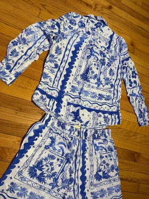 Joie Linen Matching Set Blue/White Floral Two-Piece Pantsuit Coord L/XL coastal thumbnail 9