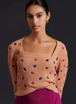 Anthropologie Maeve Elliana Beetle Bug Tan Sweater Medium Novelty thumbnail 1