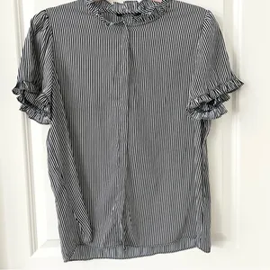 T Tahari Navy and White Stripe Button Down Blouse Large NWT thumbnail 3