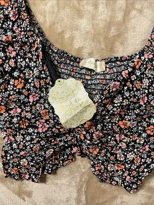 Altar'd State Black Floral Tie-Front Crop Top with Pink & Coral Flowers thumbnail 4